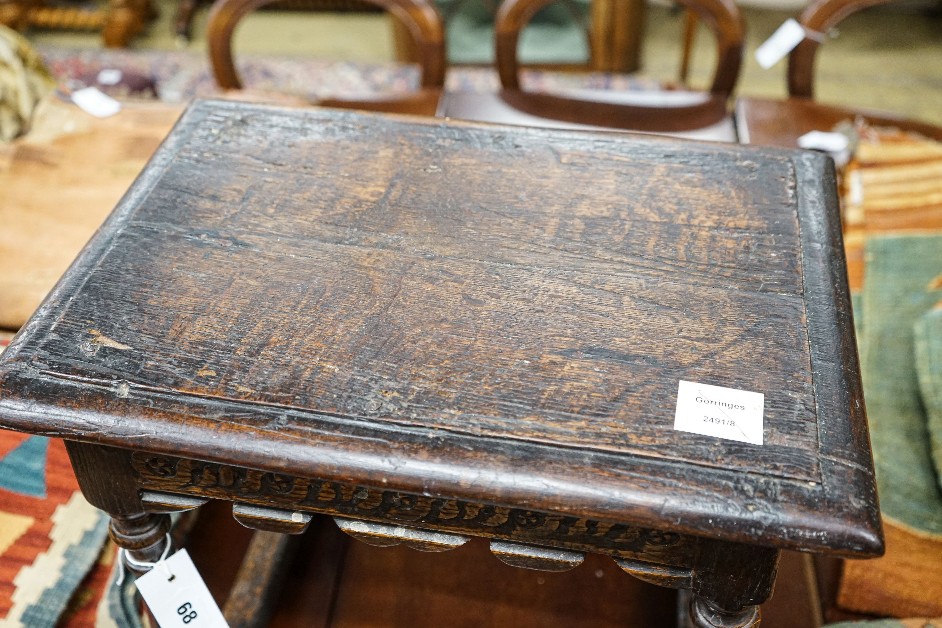 A 17th century style oak joint stool, width 46cm, depth 30cm, height 48cm